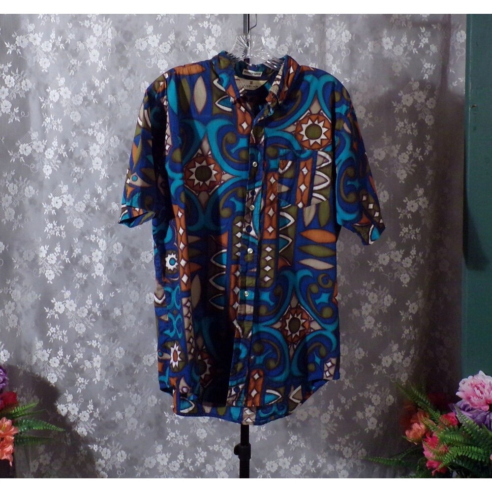 Vintage 60s Tropical Shirt Size Medium 1960s Retro Tiki Island Cruise Vacation